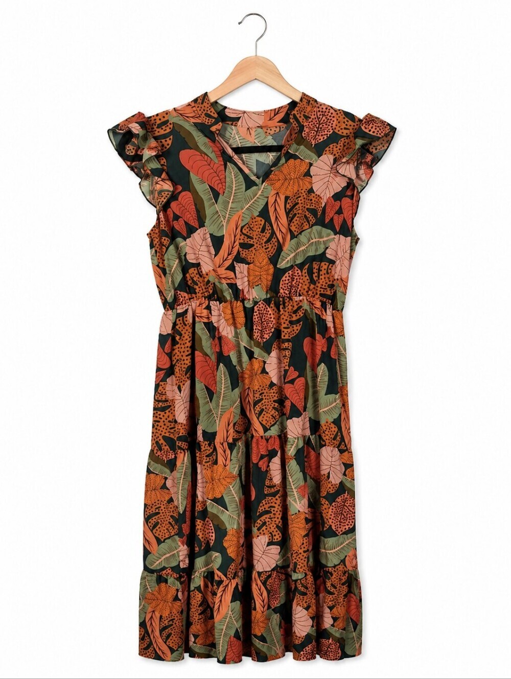 Tropical Leaf Print Midi Dress Women's Boho Resort Vacation Flutter Sleeve Dress - Picture 3 of 6